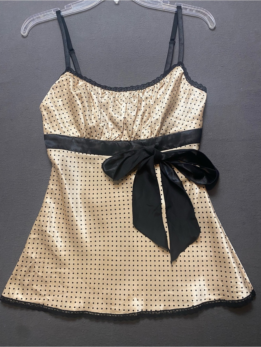 Heart Soul Small Cream Satin Polka Dot Cami with Black Bow Detail and Lace Trim